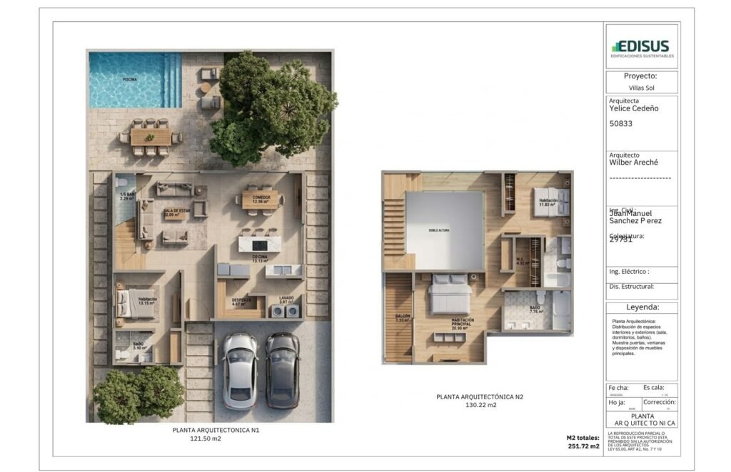 Plano de distribucion de Villa Coral, 251.72 m2 en dos niveles