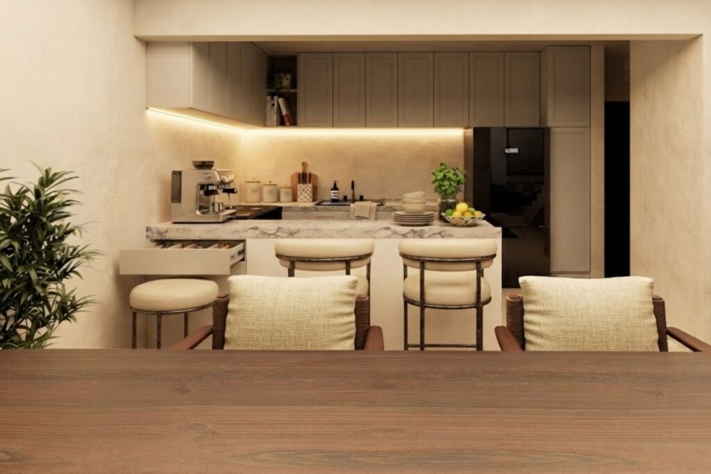 Cocina modular con isla y desayunador de Villa Marina