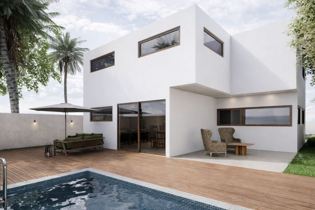 Fachada de Villa Marina con piscina en Corales de Catalina Village