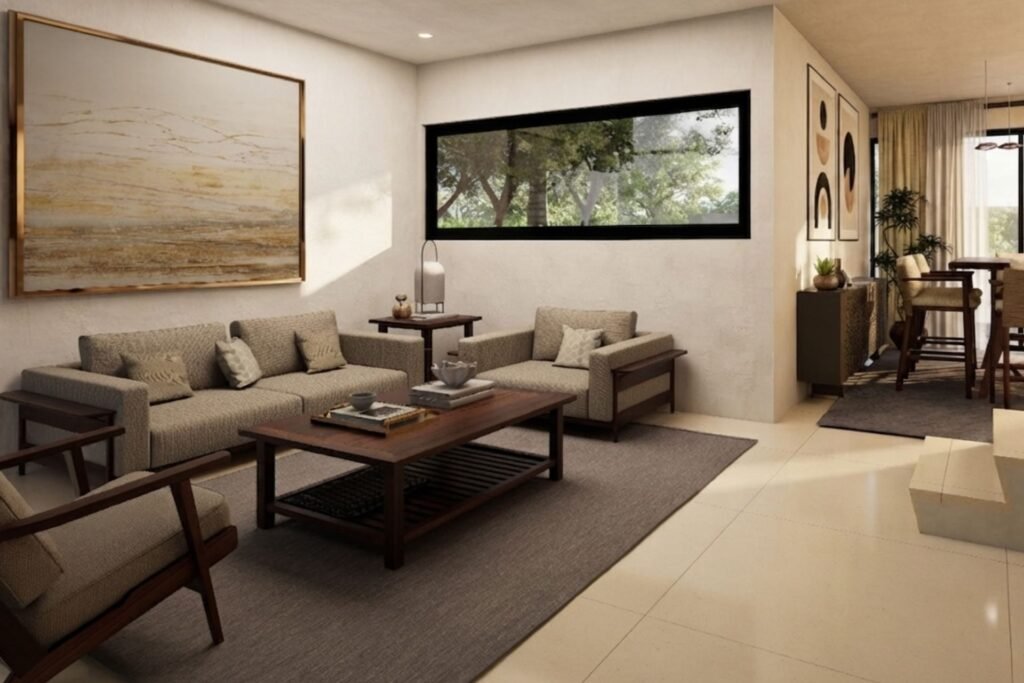 Sala de estar de Villa Marina con acabados contemporaneos