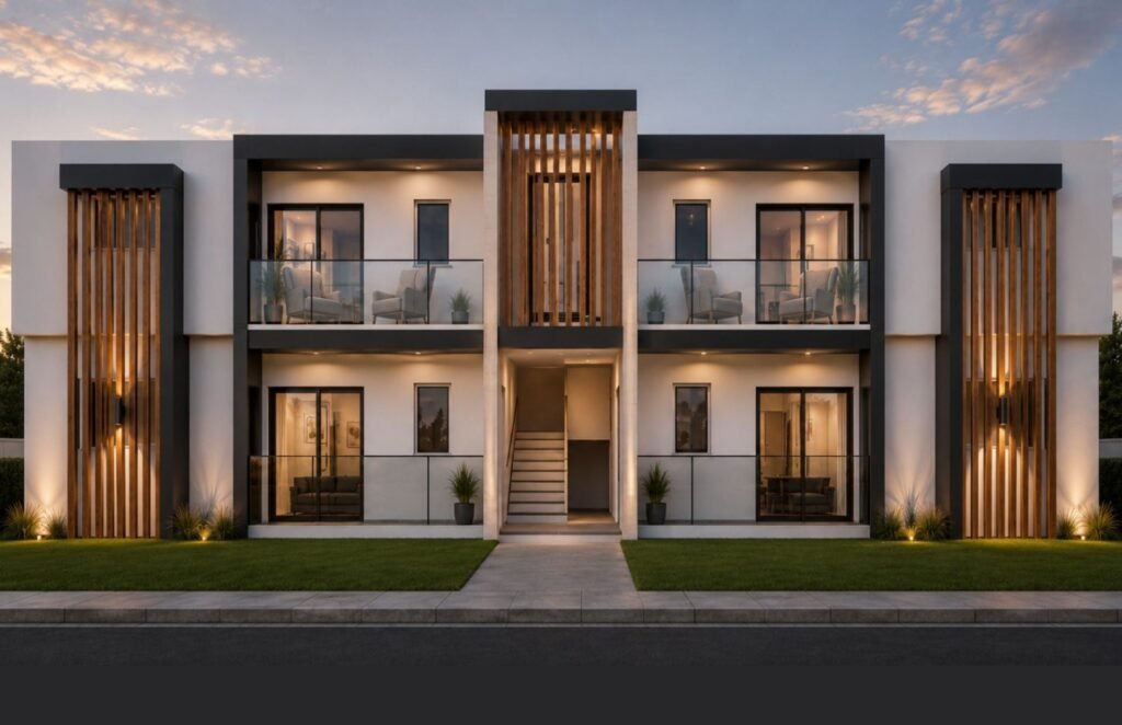 Fachada nocturna iluminada de las Villas Duplex