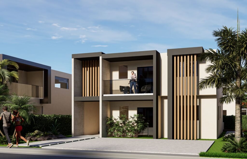 Vista lateral de las Villas Duplex con jardines