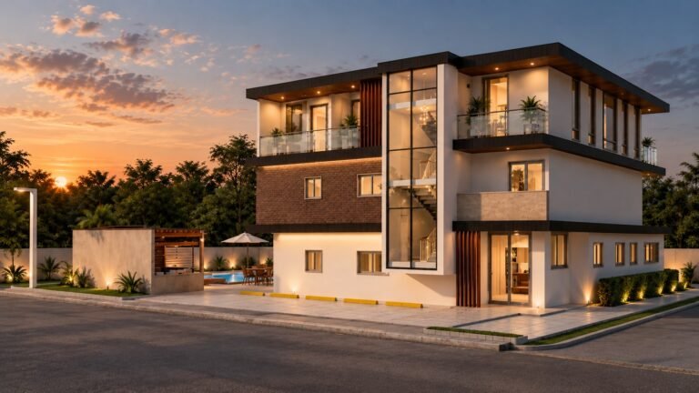 Fachada de la Casa Club de Corales de Catalina Village al atardecer