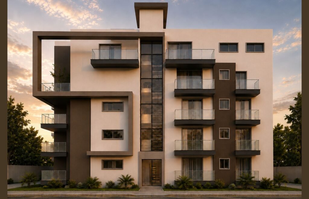Fachada de la Torre 1 de apartamentos al atardecer