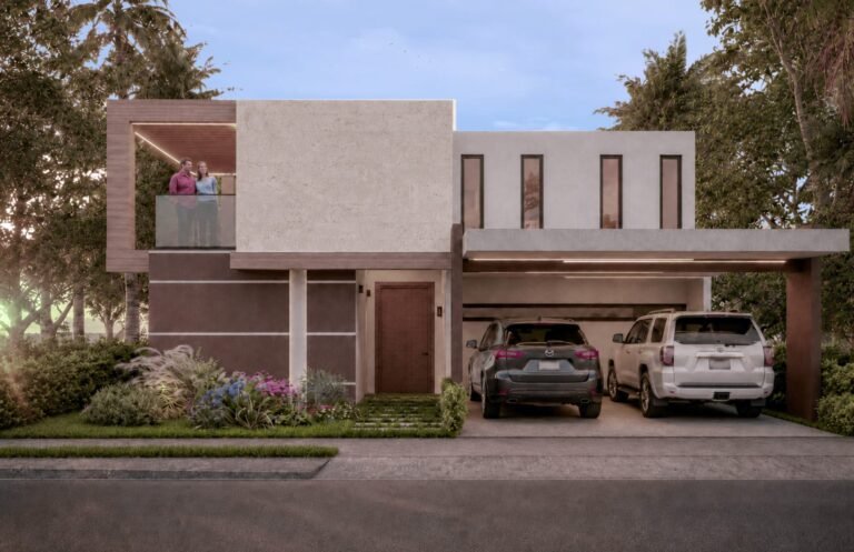 Fachada de Villa Coral de día, con la cochera doble y el balcón