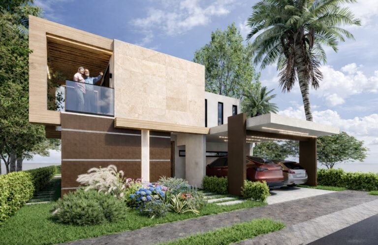 Villa Coral vista en diagonal, con el balcón del segundo nivel y la cochera